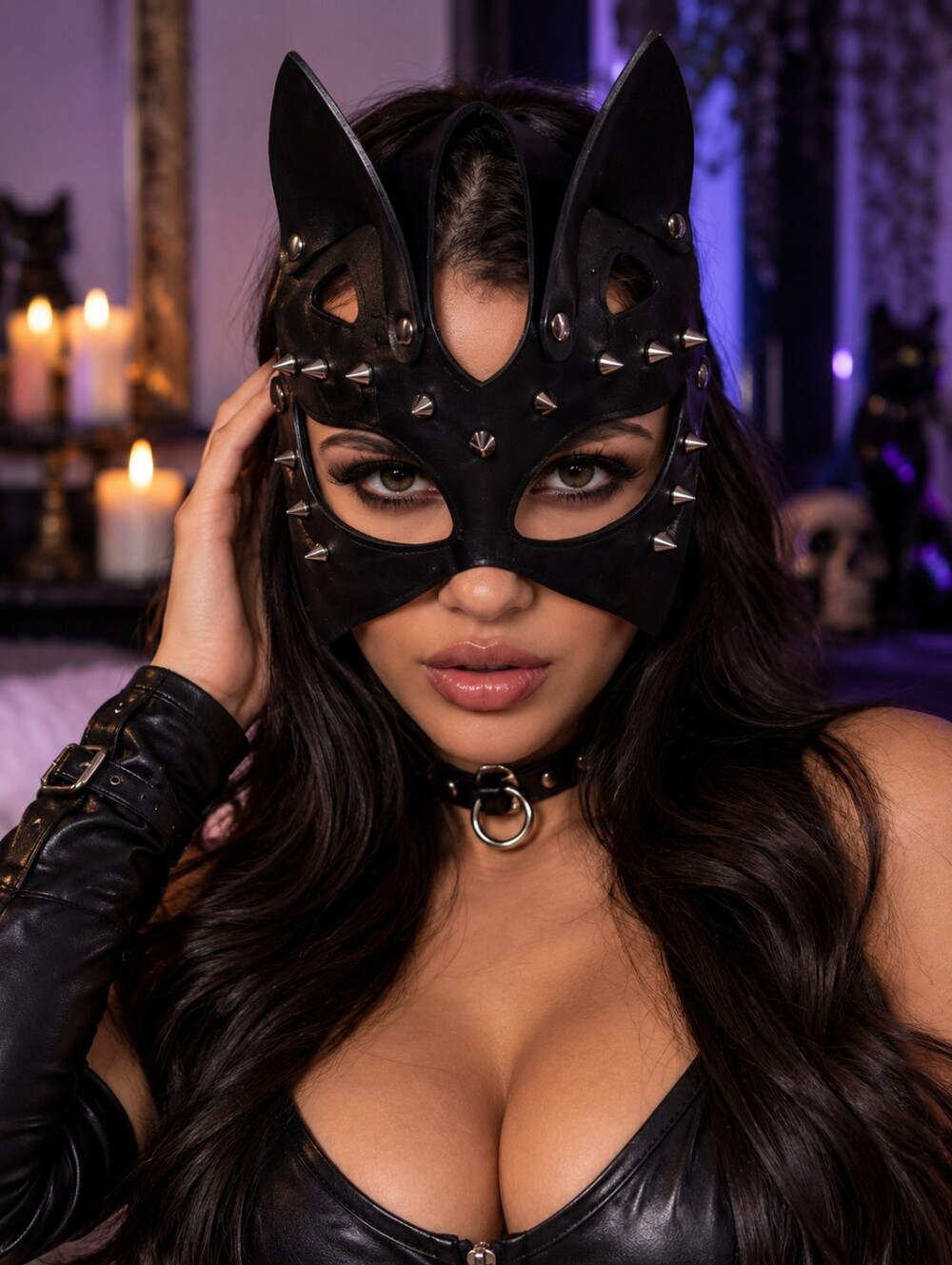 Gothic Black Cat Mask Silver Spike Studded Halloween Cosplay Costume #9